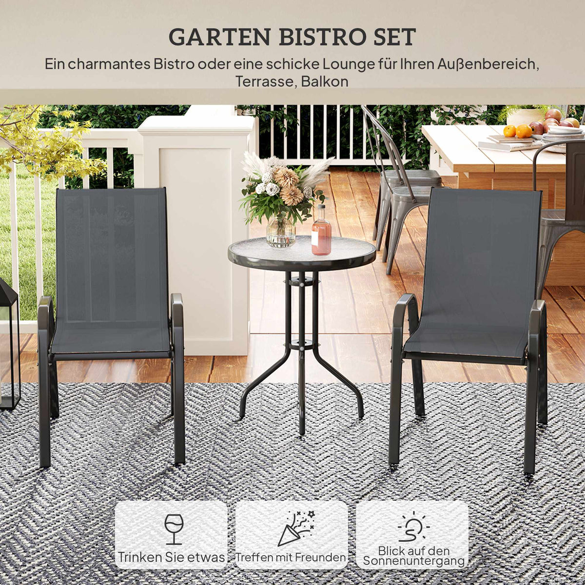 Outdoor Bistro Set – 3-Piece, Stackable Chairs, Glass Table