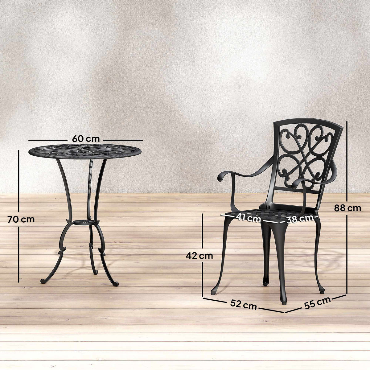 Outdoor Bistro Set, Cast Aluminum, Table & 2 Chairs, Black
