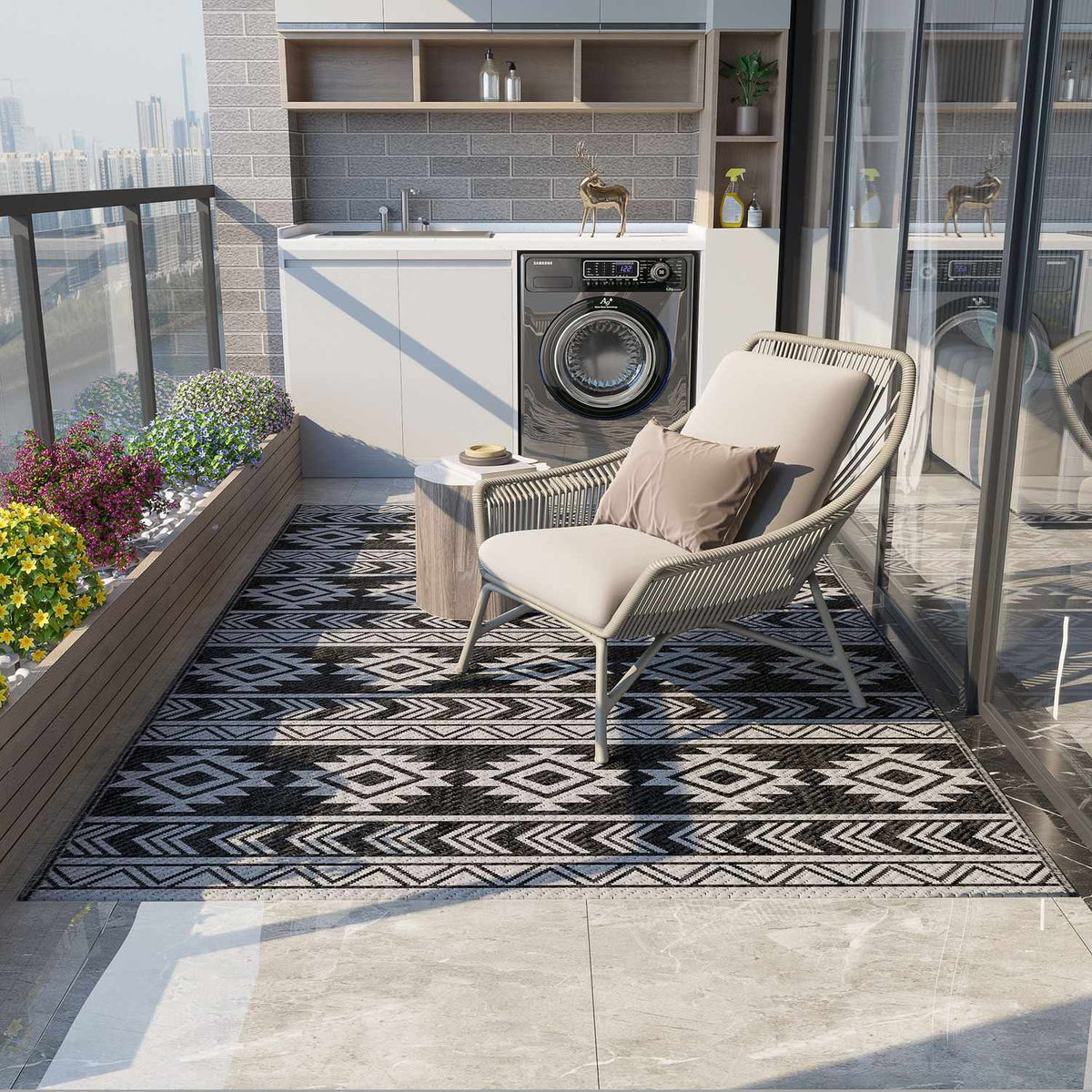 Outdoor Carpet Waterproof Plastic Carpet Balcony Carpet With Double Sided Design Patio Black+Grey 182X274Cm