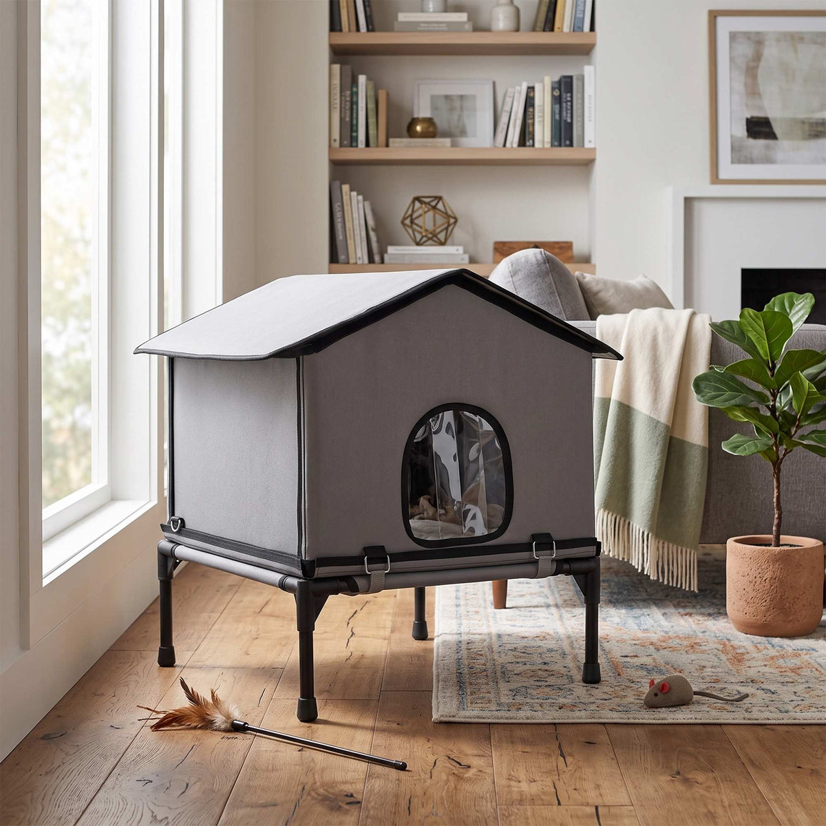 Outdoor Cat House, Foldable & Elevated with Cushion, Grey