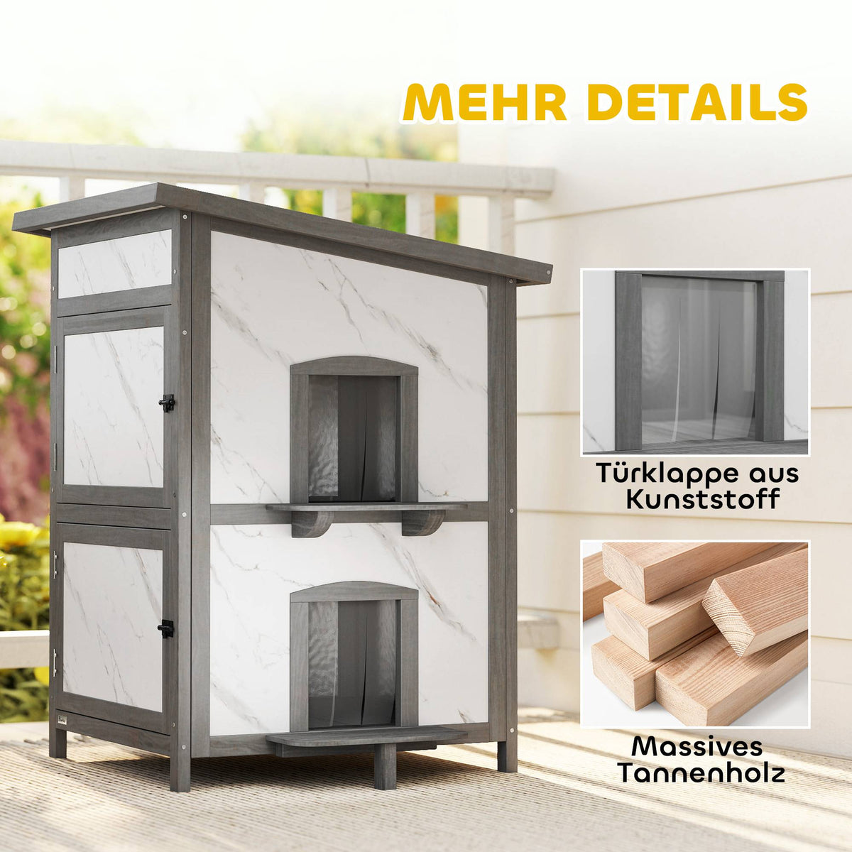 Outdoor Cat House, Waterproof Wood Shelter, Multiple Entrances