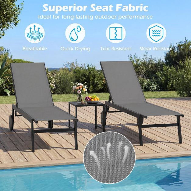 Outdoor Chaise Lounge Chairs, Set of 2, Wheels, Gray