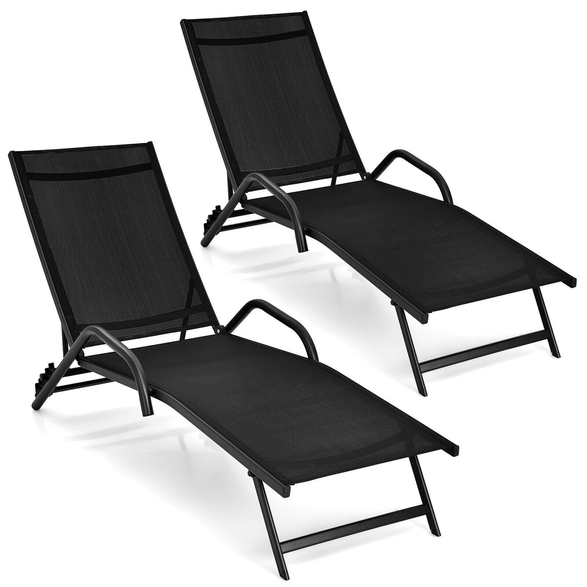 Outdoor Chaise Lounge Set, Adjustable Backrest, Black