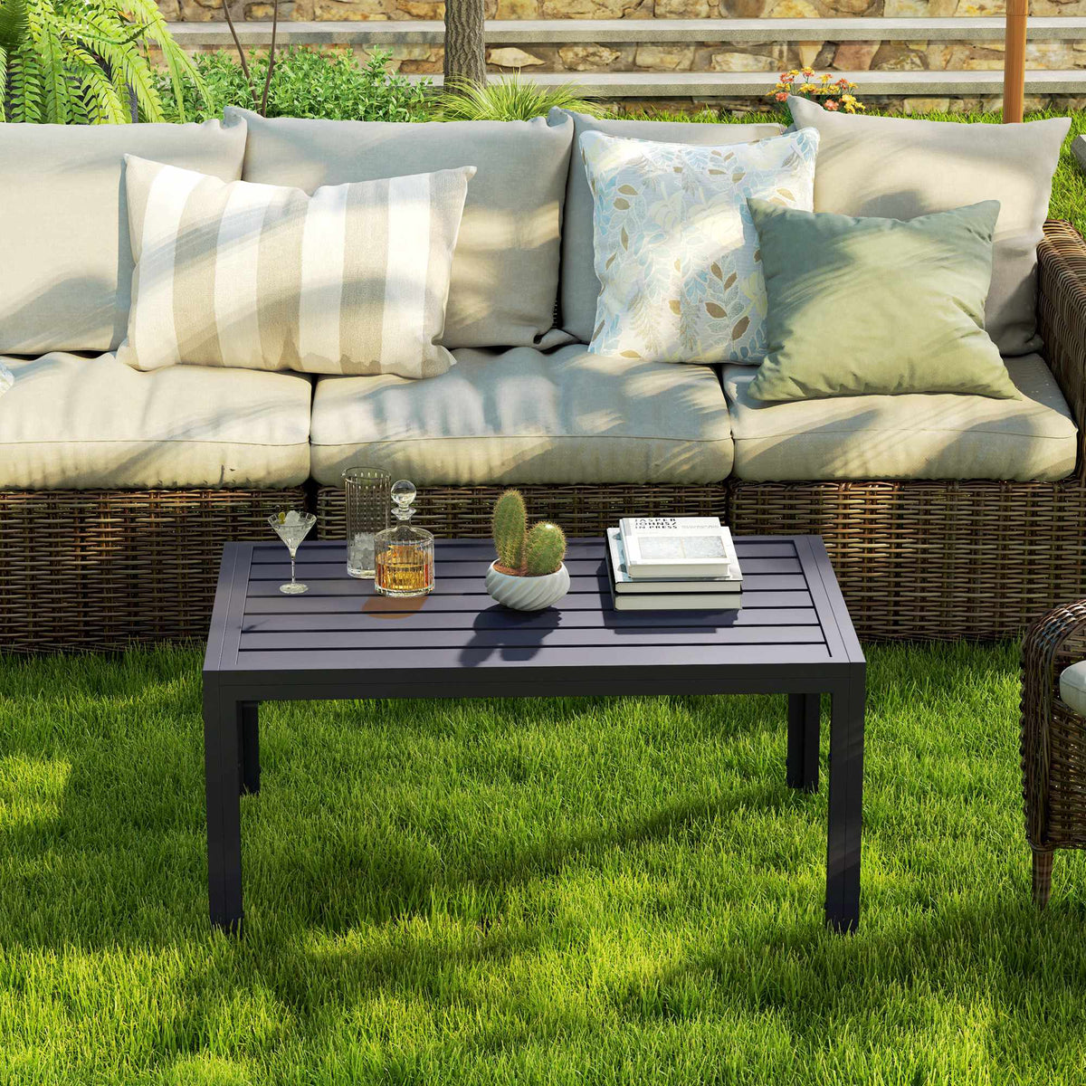 Outdoor Coffee Table, Slatted Top, Galvanized Steel, Grey