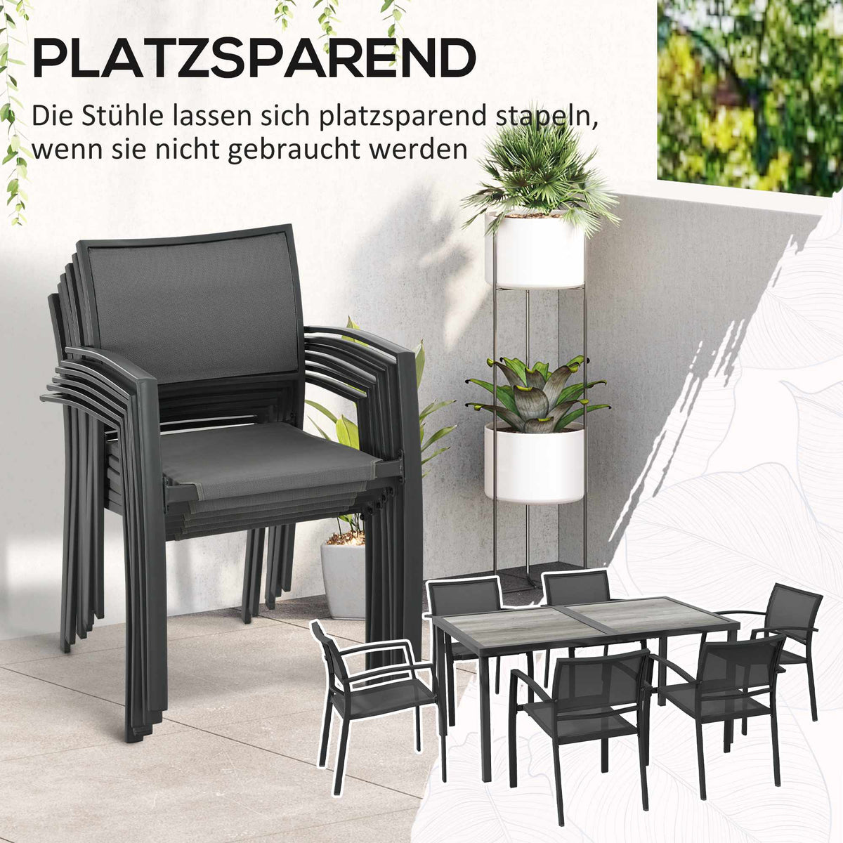 Outdoor Dining Set with Table and 6 Stackable Chairs, Grey