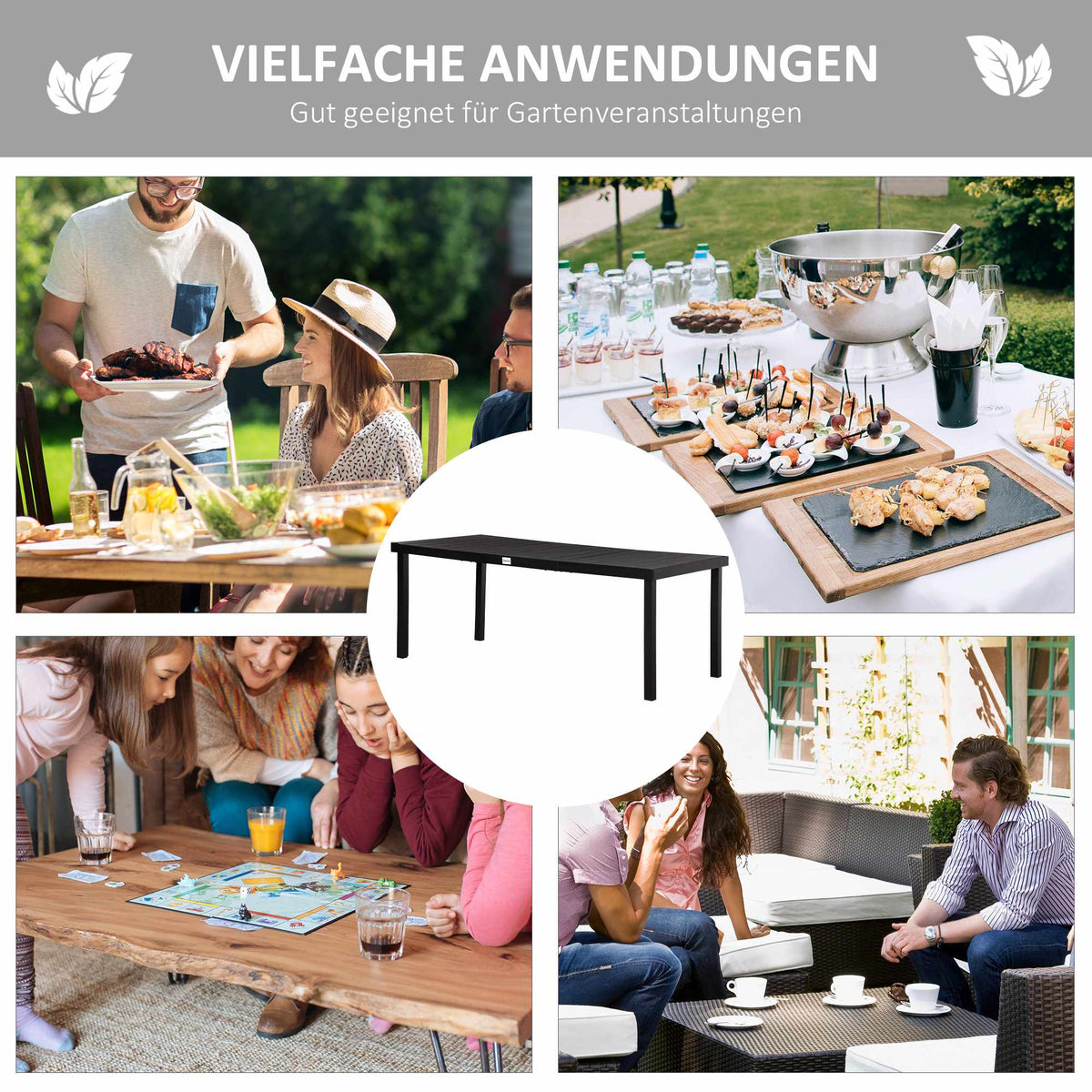 Outdoor Dining Table, Black, 190 x 90 x 74 cm, Seats 8