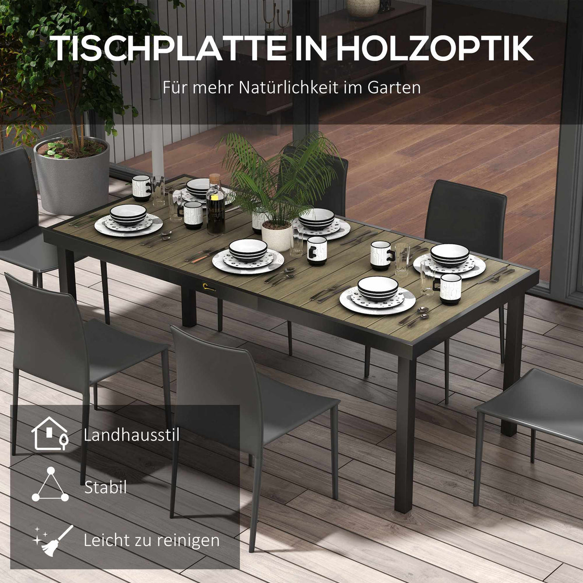 Outdoor Dining Table for 8, Weatherproof, Wood Look, 190x90 cm