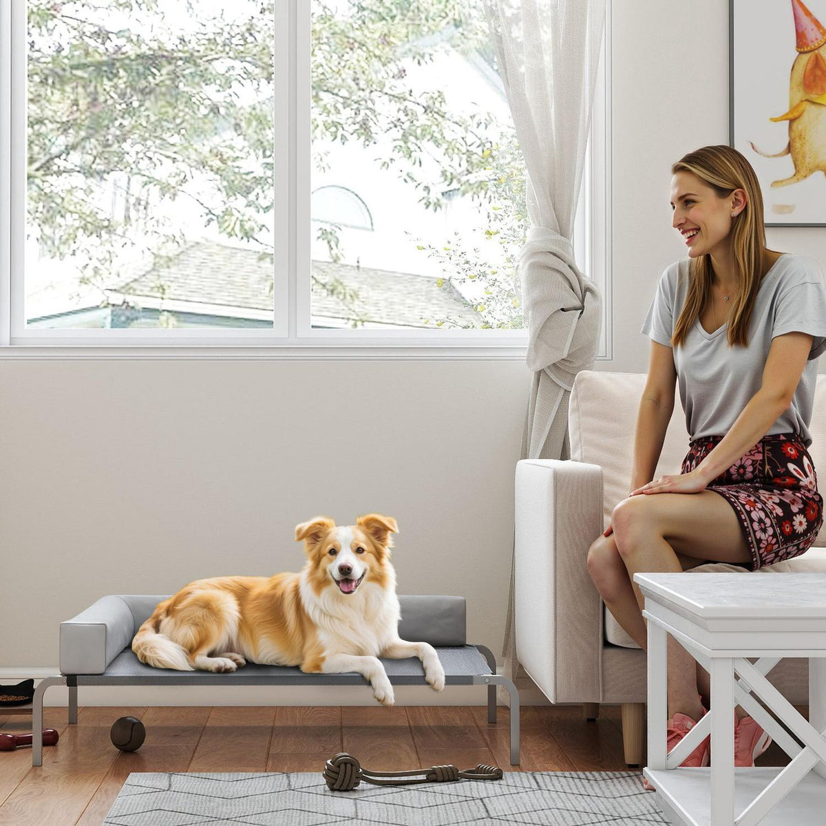 Outdoor Dog Bed, Raised Dog Bed for Medium-Sized Dogs, with L-Shaped Cushion 110x75x30cm, Light Grey