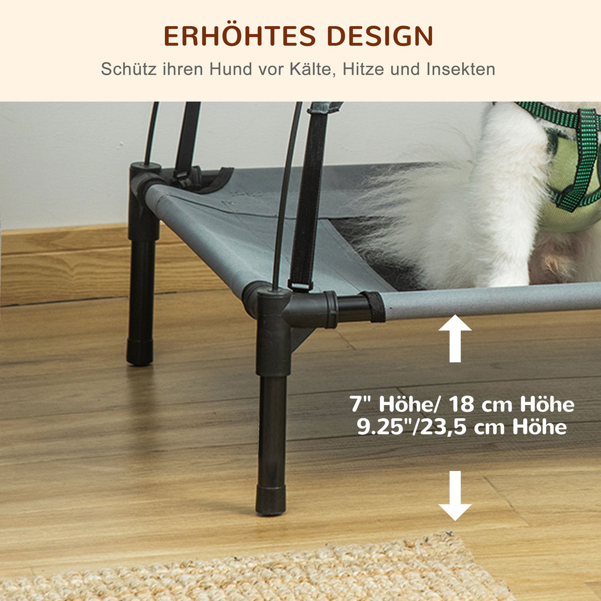 Outdoor Dog Lounger With Roof Elevated Pet Bed With Canopy, Breathable Taffeta Fabric, Gray, 61X46X62Cm