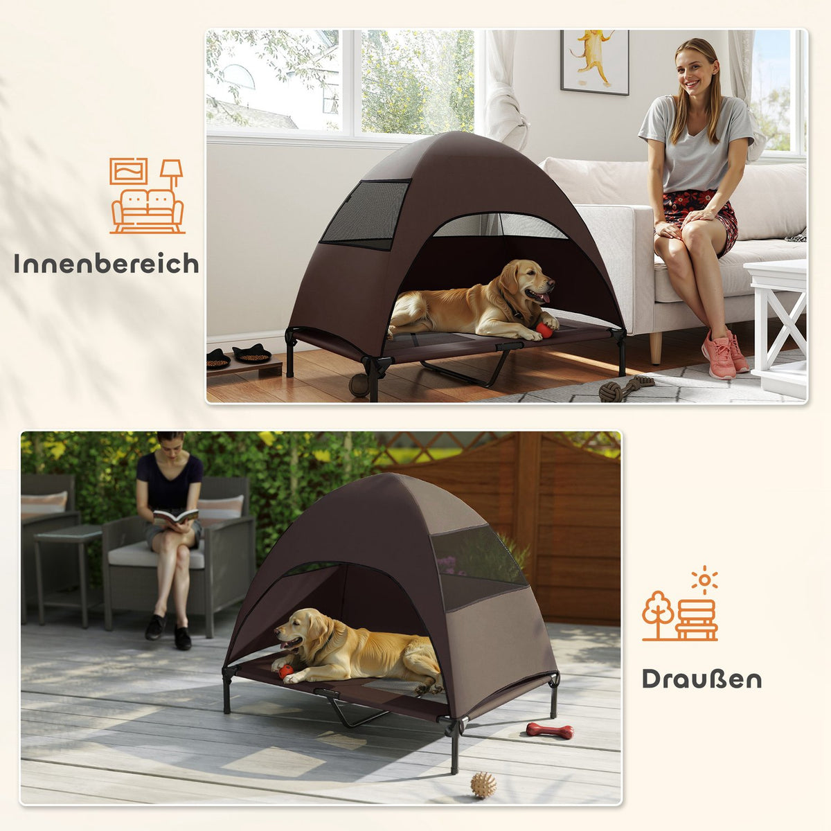 Outdoor Dog Lounger with Roof, Elevated Dog Bed for Large Dogs, Cooling Pet Lounger with Washable Mesh Metal Frame Carrying Bag, Pet Bed for Outdoor Camping 106x76x99cm, Coffee |