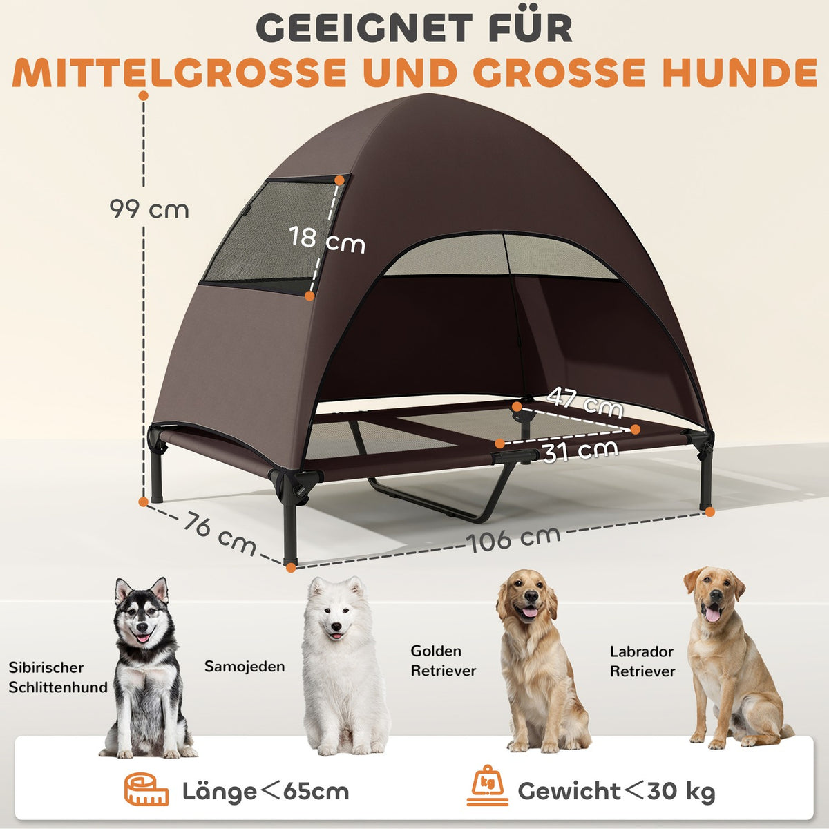 Outdoor Dog Lounger with Roof, Elevated Dog Bed for Large Dogs, Cooling Pet Lounger with Washable Mesh Metal Frame Carrying Bag, Pet Bed for Outdoor Camping 106x76x99cm, Coffee |