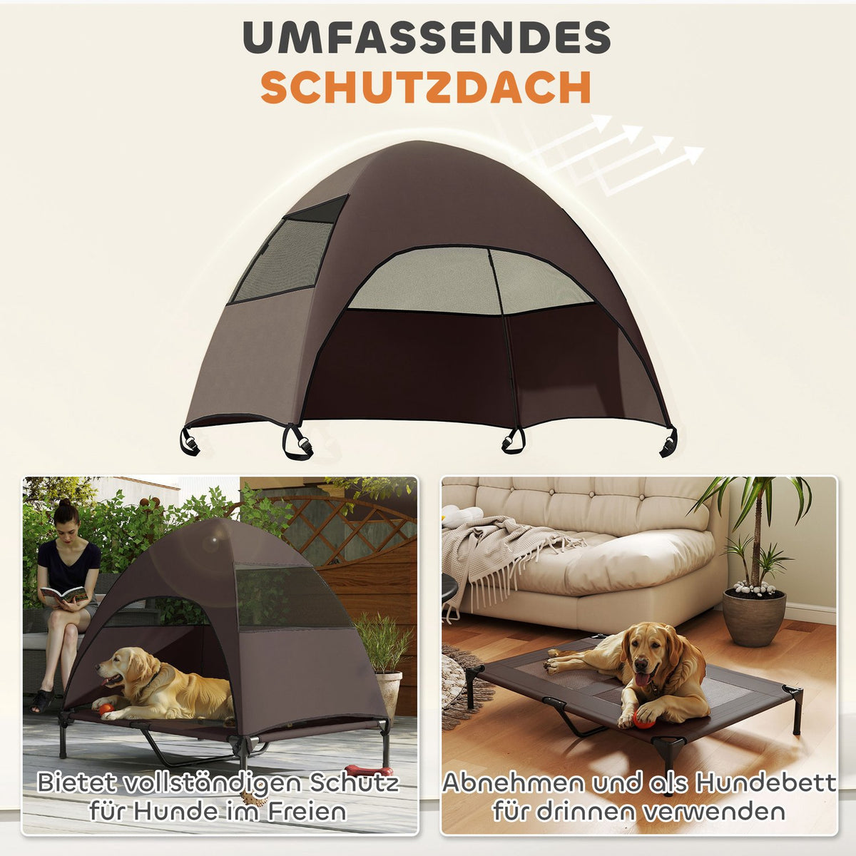 Outdoor Dog Lounger with Roof, Elevated Dog Bed for Large Dogs, Cooling Pet Lounger with Washable Mesh Metal Frame Carrying Bag, Pet Bed for Outdoor Camping 106x76x99cm, Coffee |