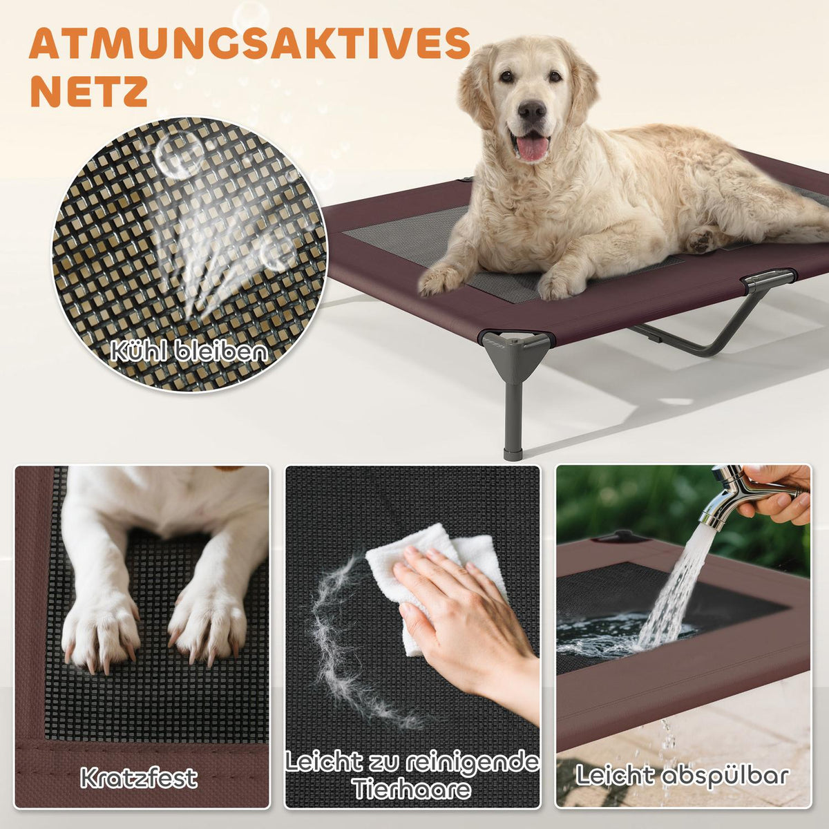 Outdoor Dog Lounger with Roof, Elevated Dog Bed for Large Dogs, Cooling Pet Lounger with Washable Mesh Metal Frame Carrying Bag, Pet Bed for Outdoor Camping 106x76x99cm, Coffee |