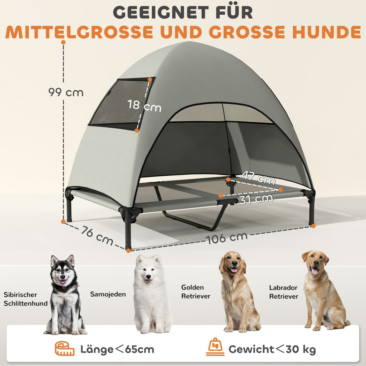 Outdoor Dog Lounger with Roof, Elevated Dog Bed for Large Dogs, Cooling Pet Lounger with Washable Mesh Metal Frame Carrying Bag, Pet Bed for Outdoor Camping 106x76x99cm, Light Gray |