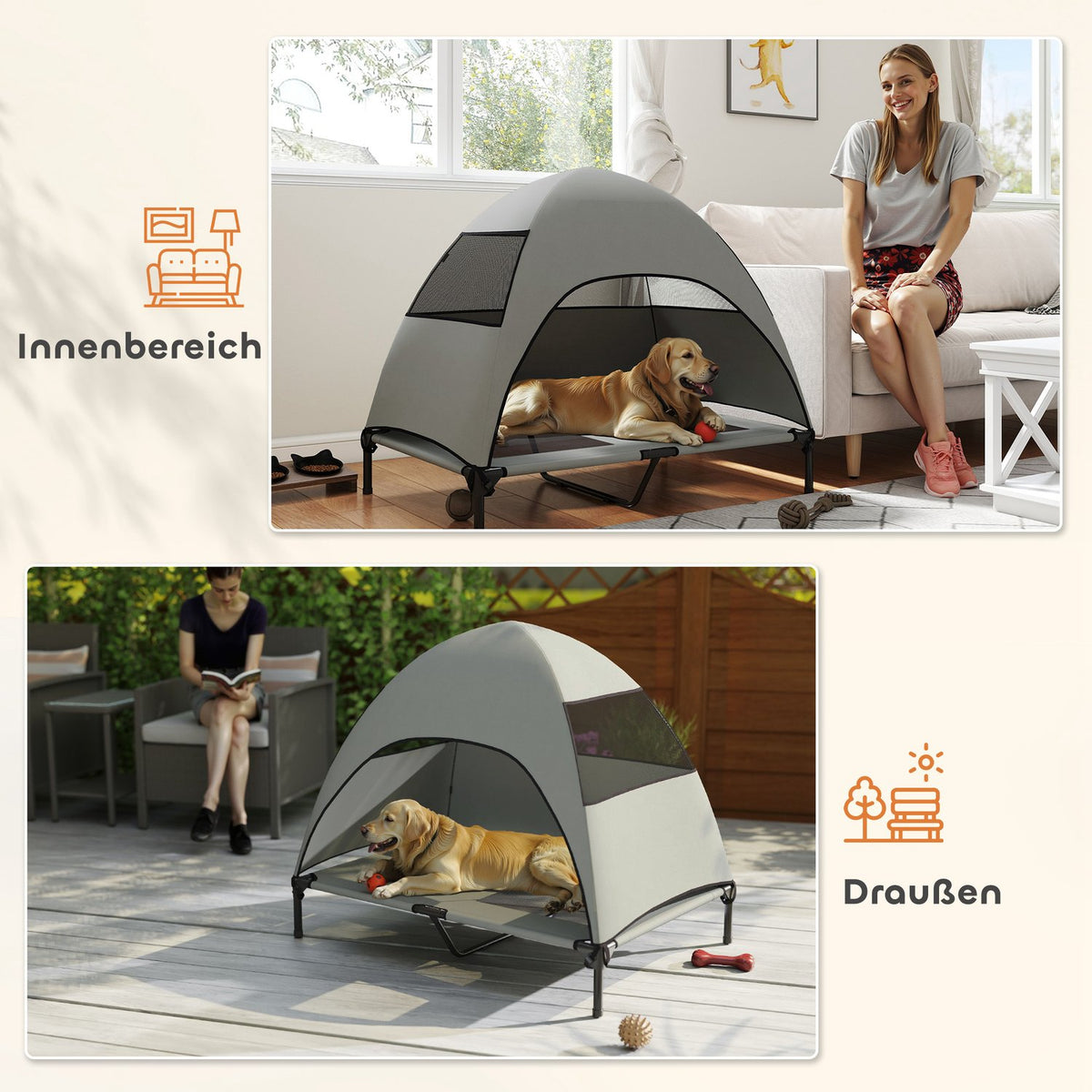 Outdoor Dog Lounger with Roof, Elevated Dog Bed for Large Dogs, Cooling Pet Lounger with Washable Mesh Metal Frame Carrying Bag, Pet Bed for Outdoor Camping 106x76x99cm, Light Gray |