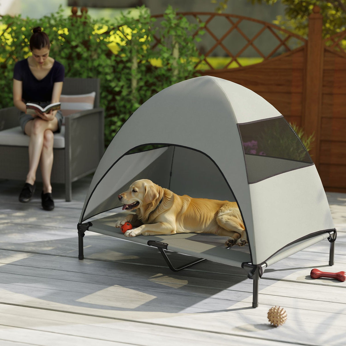 Outdoor Dog Lounger with Roof, Elevated Dog Bed for Large Dogs, Cooling Pet Lounger with Washable Mesh Metal Frame Carrying Bag, Pet Bed for Outdoor Camping 106x76x99cm, Light Gray |
