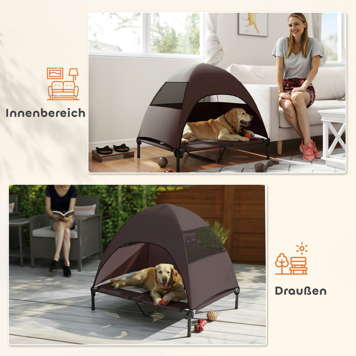 Outdoor Dog Lounger with Roof, Elevated Dog Bed for Large Dogs, Cooling Pet Lounger with Washable Mesh Metal Frame Carrying Bag, Pet Bed for Outdoor Camping 91x76x90cm, Coffee |