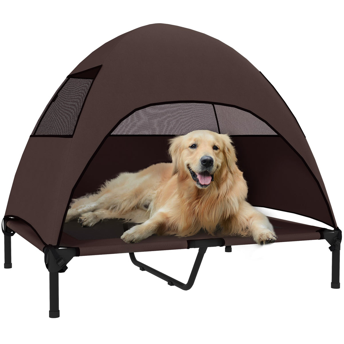 Outdoor Dog Lounger with Roof, Elevated Dog Bed for Large Dogs, Cooling Pet Lounger with Washable Mesh Metal Frame Carrying Bag, Pet Bed for Outdoor Camping 91x76x90cm, Coffee |