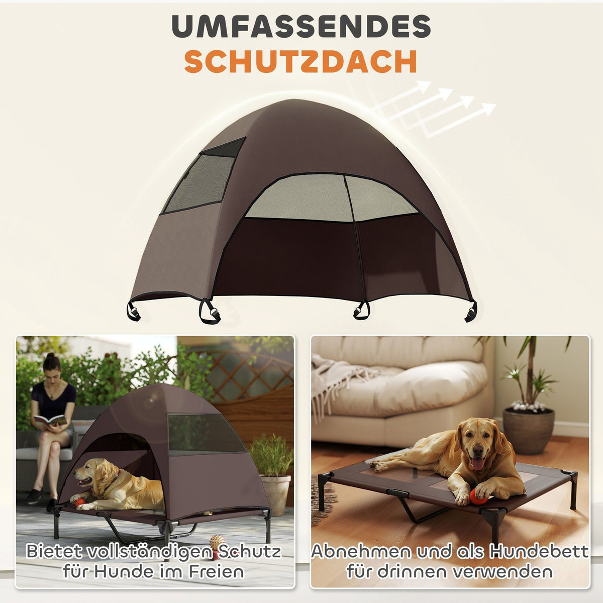 Outdoor Dog Lounger with Roof, Elevated Dog Bed for Large Dogs, Cooling Pet Lounger with Washable Mesh Metal Frame Carrying Bag, Pet Bed for Outdoor Camping 91x76x90cm, Coffee |
