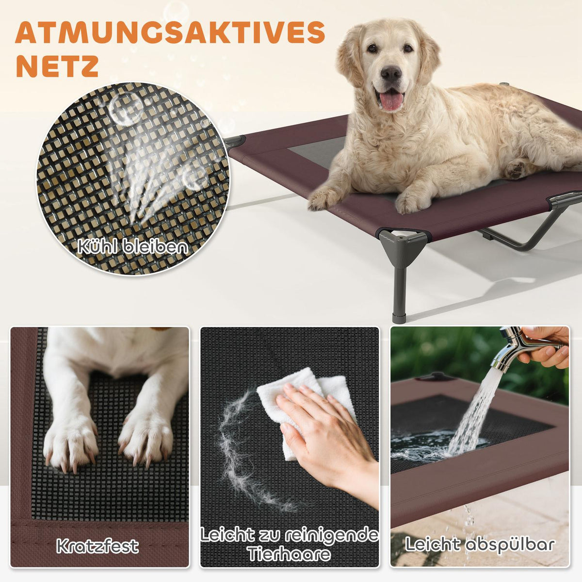 Outdoor Dog Lounger with Roof, Elevated Dog Bed for Large Dogs, Cooling Pet Lounger with Washable Mesh Metal Frame Carrying Bag, Pet Bed for Outdoor Camping 91x76x90cm, Coffee |