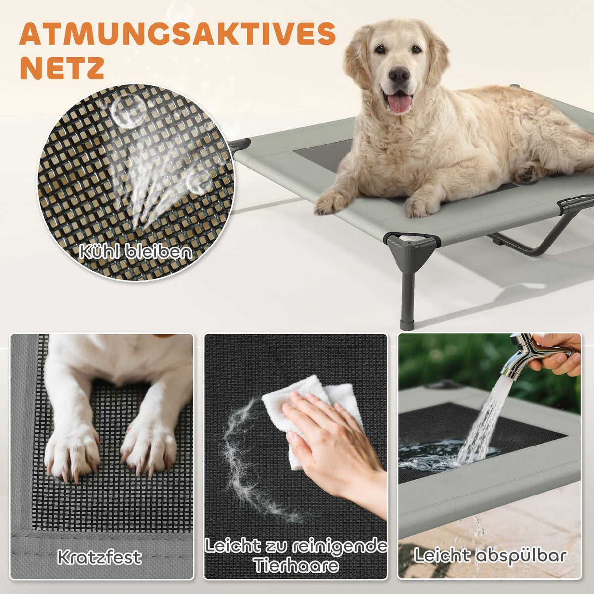 Outdoor Dog Lounger with Roof, Elevated Dog Bed for Large Dogs, Cooling Pet Lounger with Washable Mesh Metal Frame Carrying Bag, Pet Bed for Outdoor Camping 91x76x90cm, Light Gray |