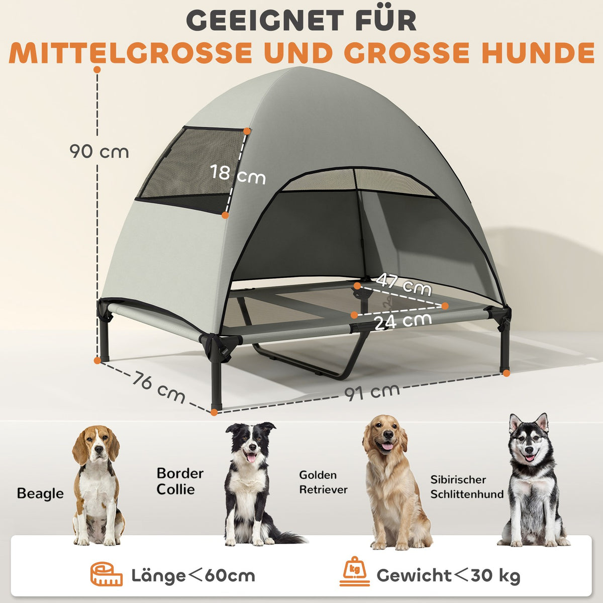 Outdoor Dog Lounger with Roof, Elevated Dog Bed for Large Dogs, Cooling Pet Lounger with Washable Mesh Metal Frame Carrying Bag, Pet Bed for Outdoor Camping 91x76x90cm, Light Gray |