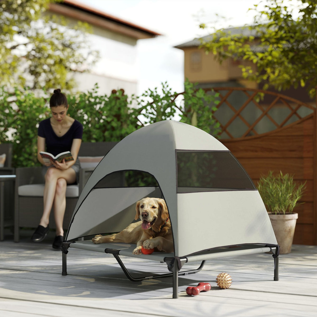 Outdoor Dog Lounger with Roof, Elevated Dog Bed for Large Dogs, Cooling Pet Lounger with Washable Mesh Metal Frame Carrying Bag, Pet Bed for Outdoor Camping 91x76x90cm, Light Gray |