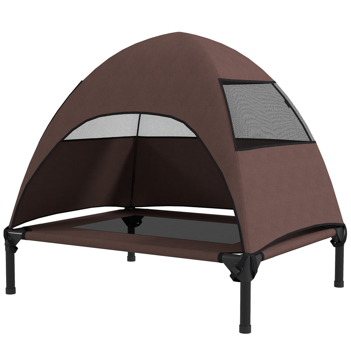 Outdoor Dog Lounger with Roof, Elevated Dog Bed for Medium Dogs, Cooling Pet Lounger with Washable Mesh Metal Frame Carrying Bag, Pet Bed for Outdoor Camping 76x61x71cm, Coffee |