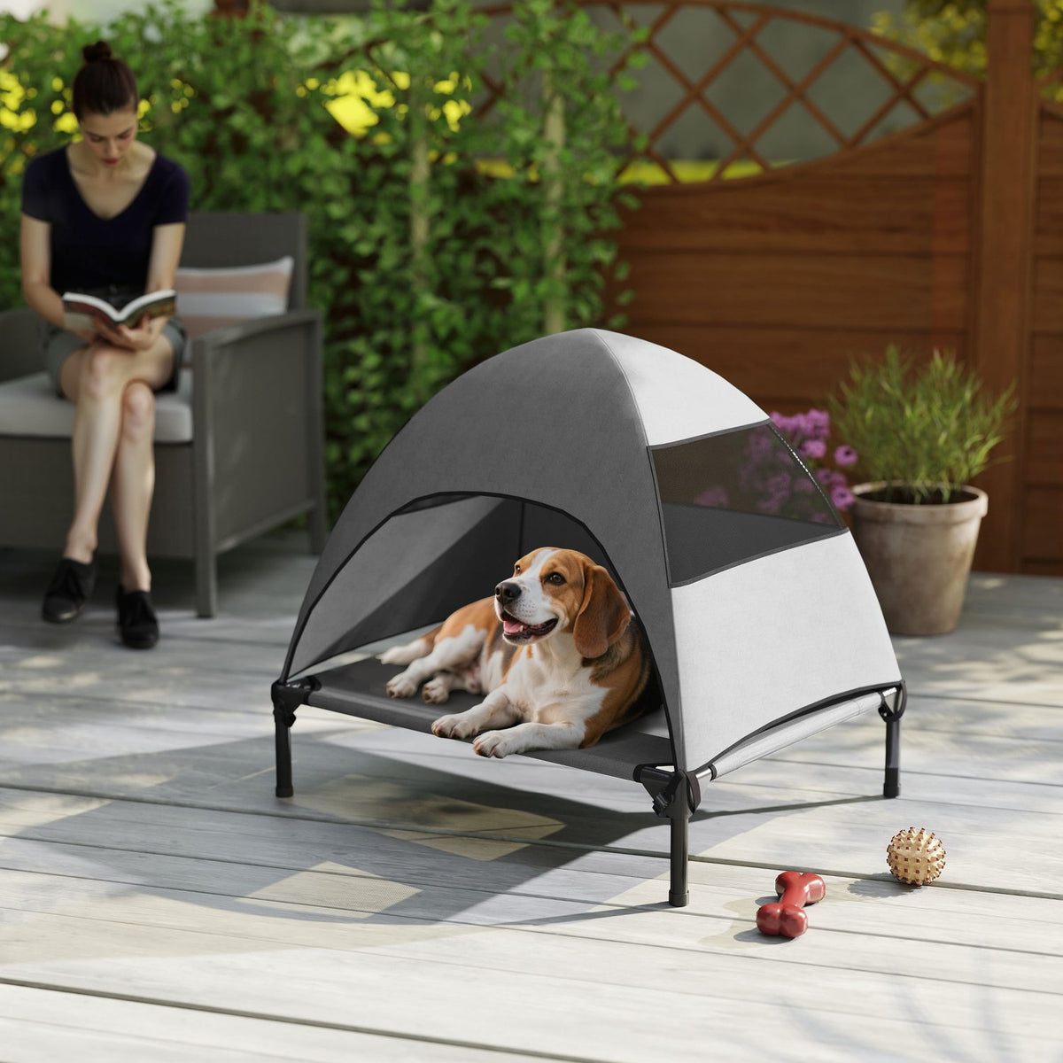 Outdoor Dog Lounger with Roof, Elevated Dog Bed for Medium Dogs, Cooling Pet Lounger with Washable Mesh Metal Frame Carrying Bag, Pet Bed for Outdoor Camping 76x61x71cm, Light Gray |