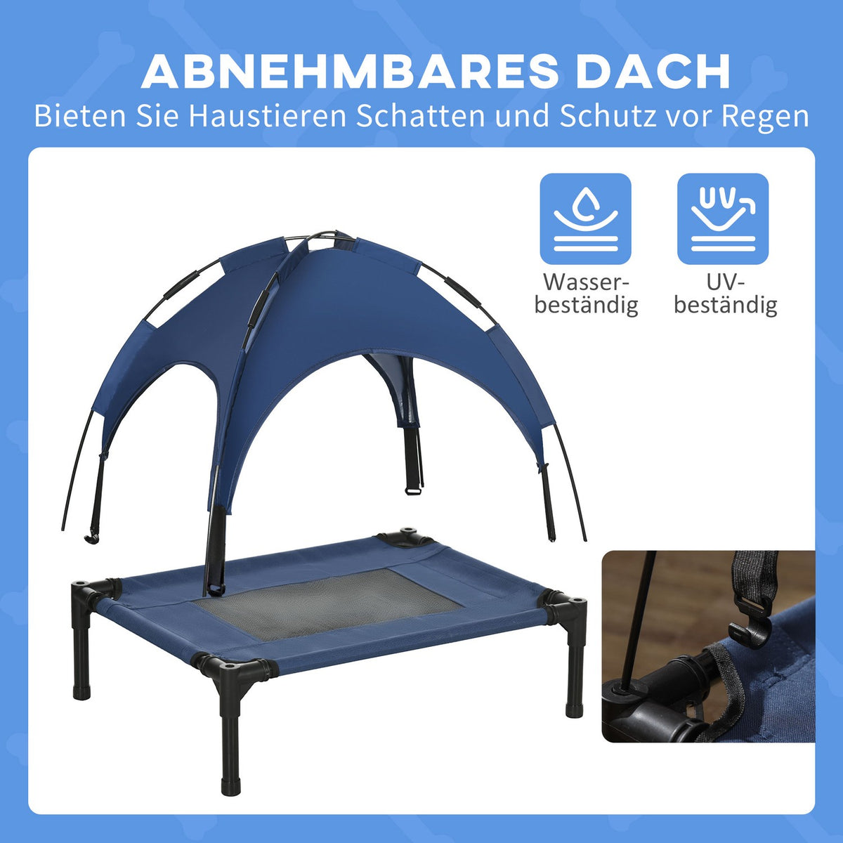 Outdoor Elevated Dog Bed With Canopy Uv Protection Pet Bed, Breathable Taffeta Fabric, Dark Blue, 61X46X62Cm