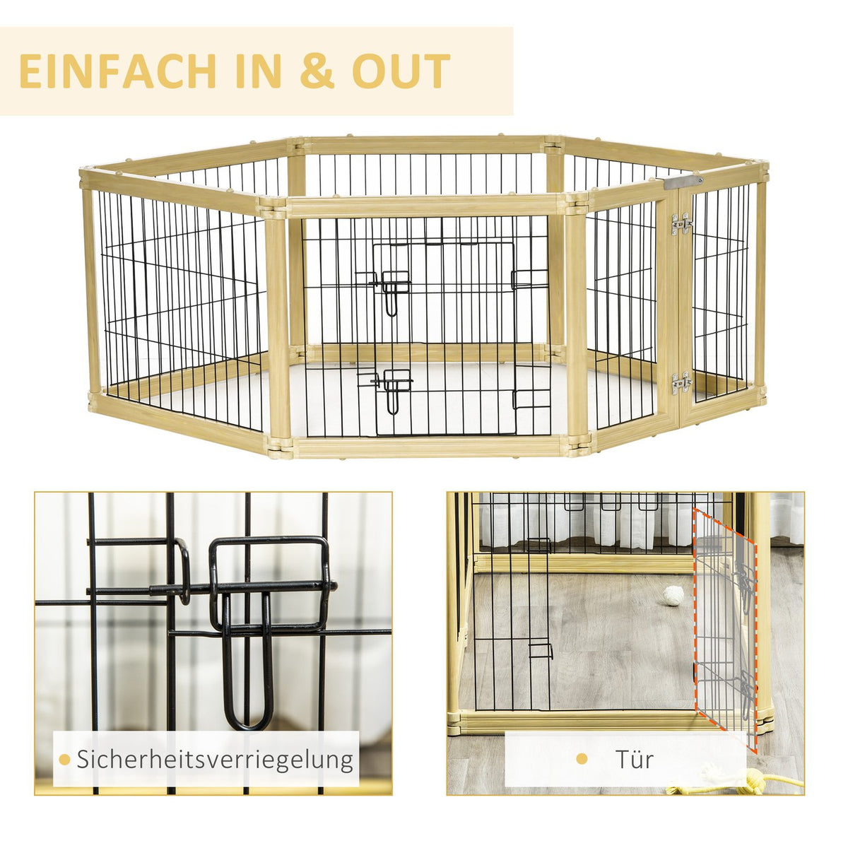 Outdoor Enclosure 6 Pieces Protective Gate Diy Playpen Puppy Run Outdoor Enclosure With Door For Small Dogs Foldable Natural Wood 420 X 62 Cm