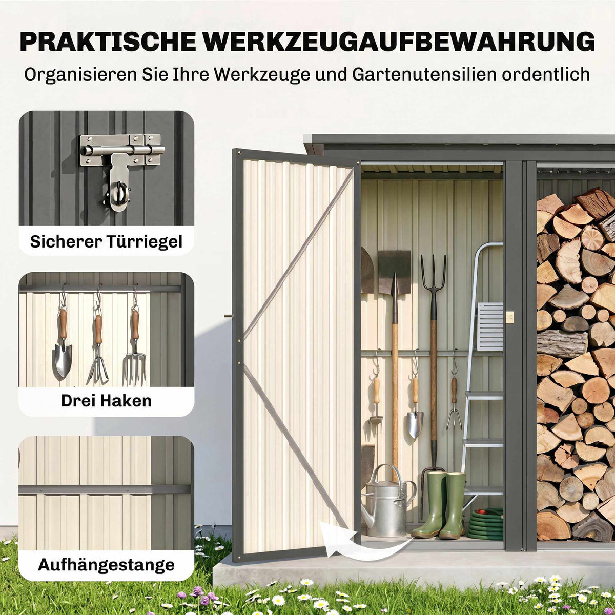 Outdoor Firewood Rack with Tool Cabinet, Galvanized Steel