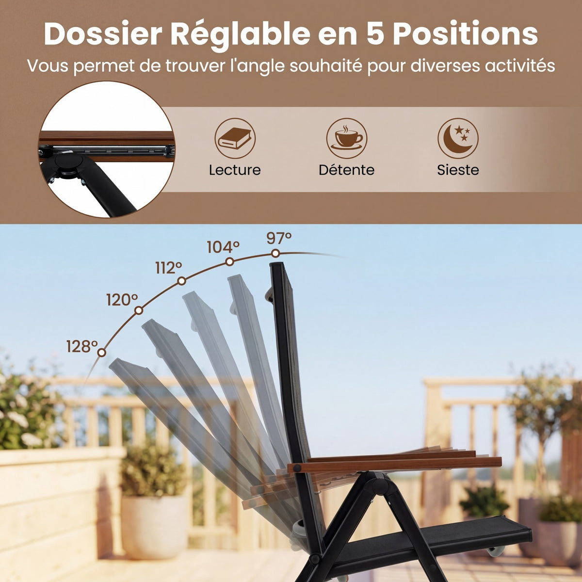 Outdoor Folding Garden Chairs Set of 4, 5-Position, Black