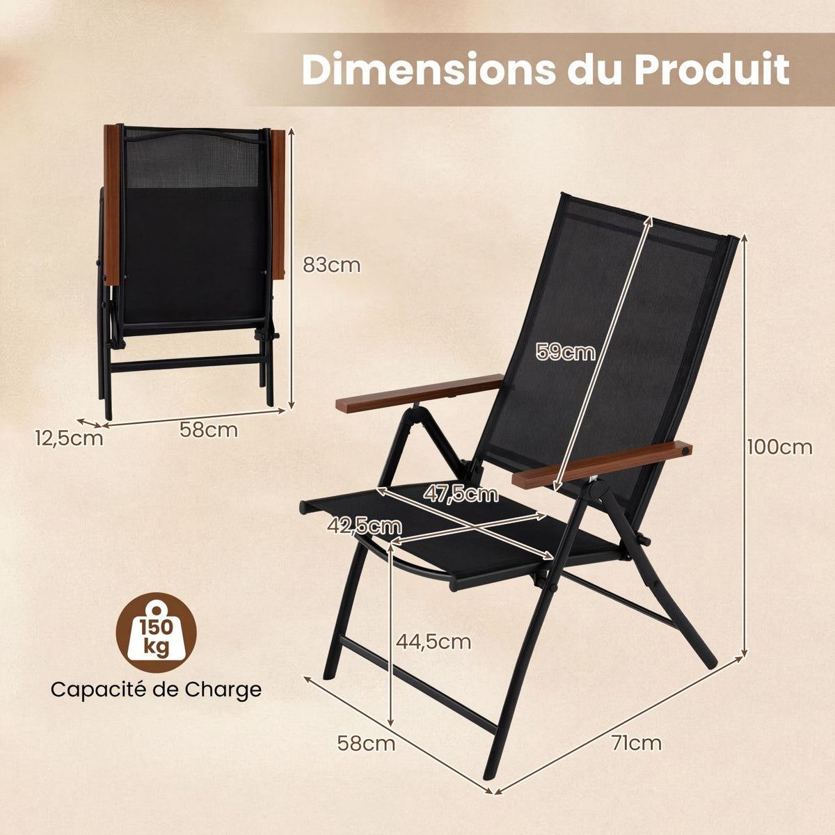 Outdoor Folding Garden Chairs Set of 4, 5-Position, Black