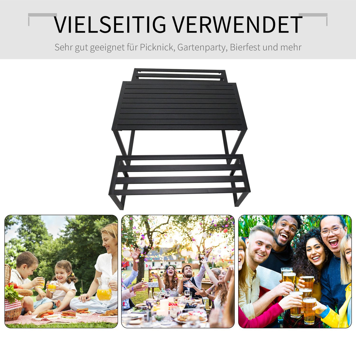 Outdoor Furniture Set Festive Set 3 Pieces Seating Group Garden Set 1 X Table 2 X Bench Metal Black 110 X 55 X 70 Cm