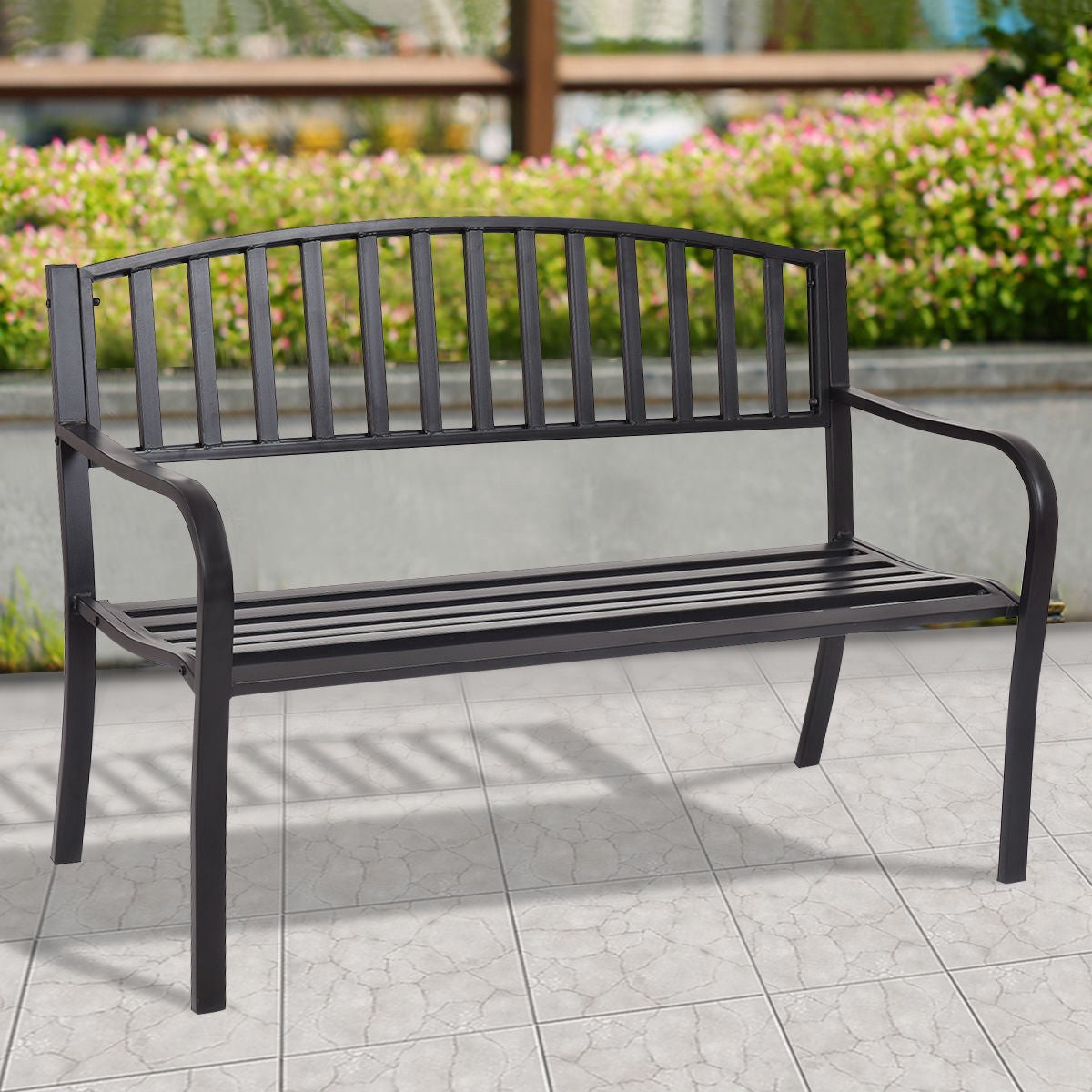 Outdoor Garden Bench, 50 Inch Steel Frame, Black