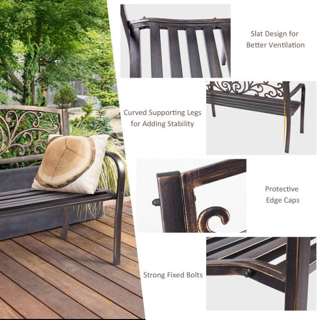 Outdoor Garden Bench, Cast Iron Steel, 2-3 Seater, Bronze