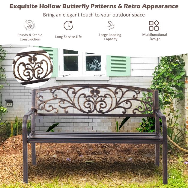 Outdoor Garden Bench, Cast Iron Steel, 2-3 Seater, Bronze