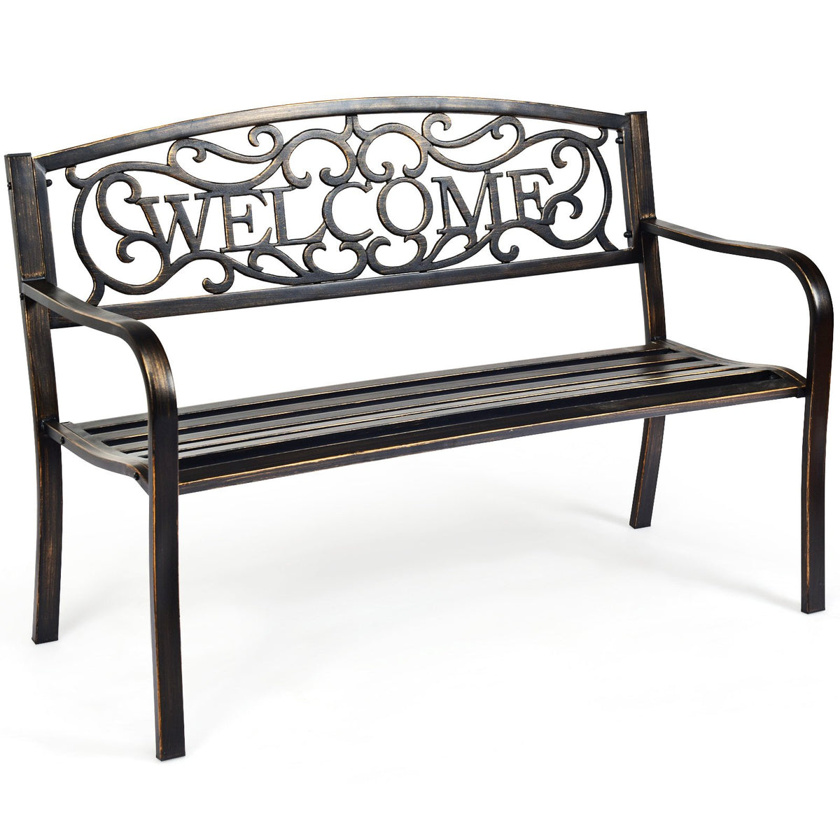 Outdoor Garden Bench, Steel Frame, Bronze, 50 Inch