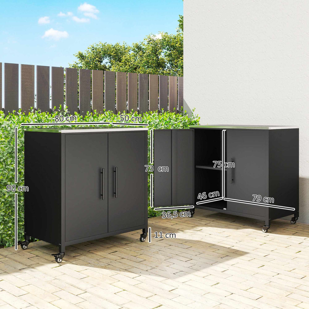 Outdoor Garden Cabinet with Stainless Steel Top, Mobile