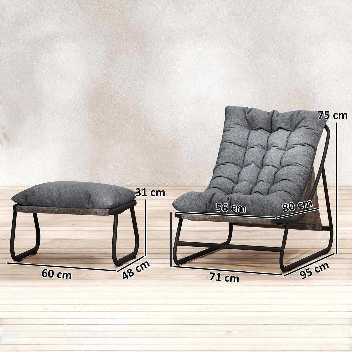 Outdoor Lounge Chair Set with Footstool, Dark Grey, 120kg Capacity