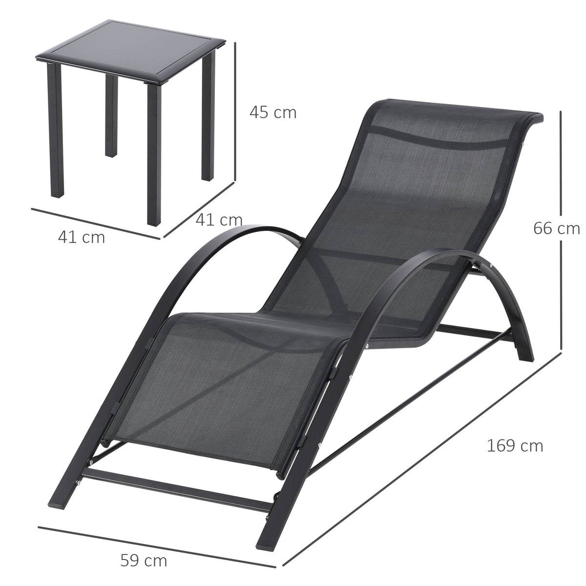 Outdoor Lounge Set, 2 Recliners & Side Table, Black Fabric