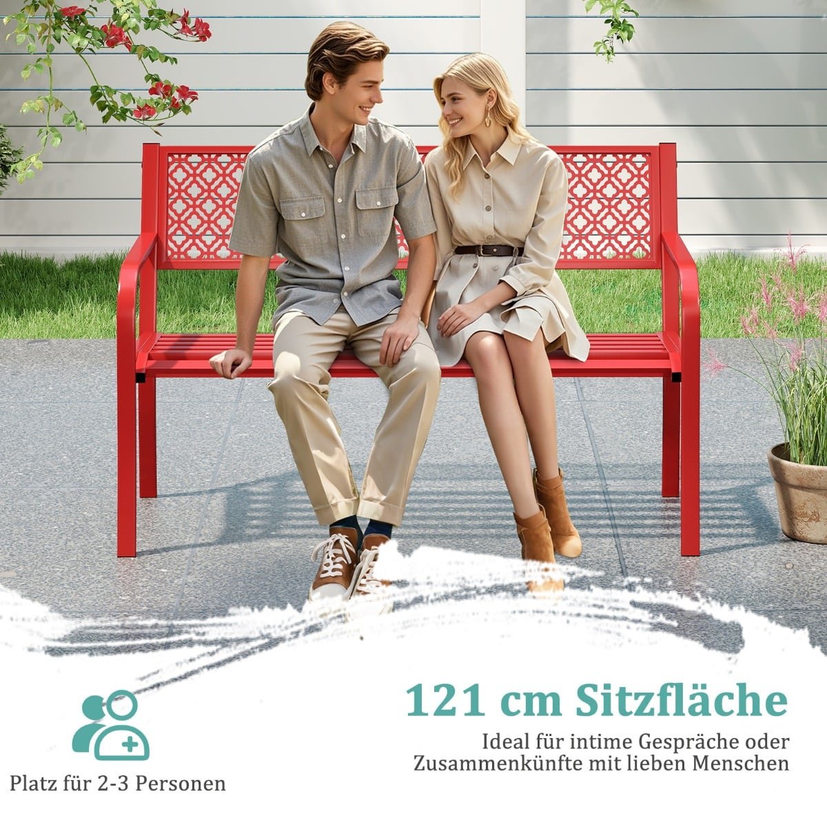 Outdoor Metal Bench, 2-3 Seats, 360 kg Capacity, Red