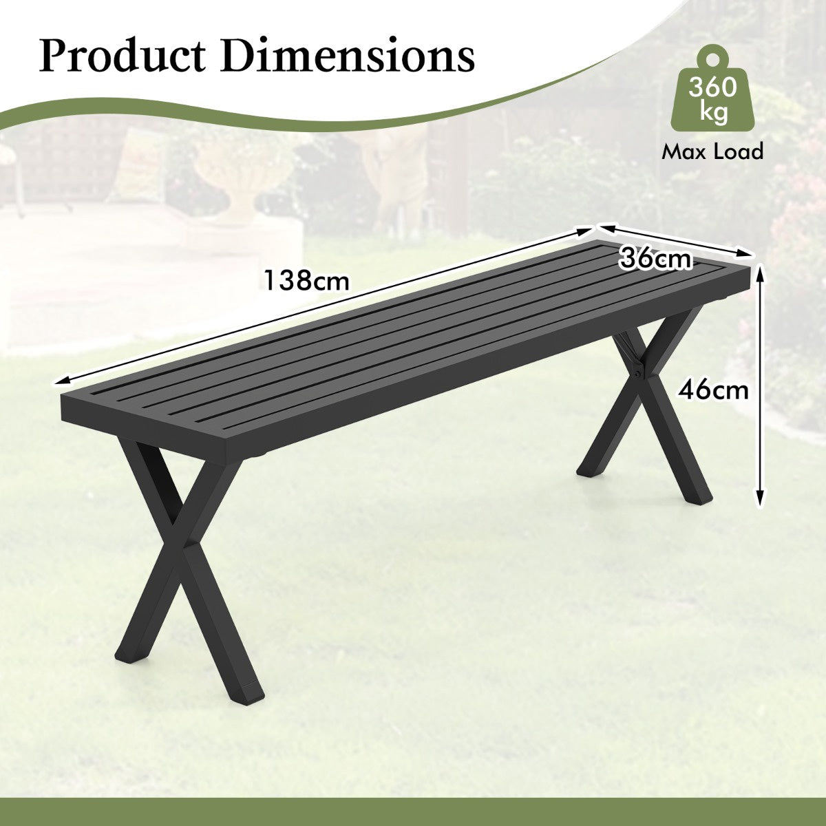 Outdoor Metal Bench, 2-Seater 138 cm, X-Leg Slatted Seat