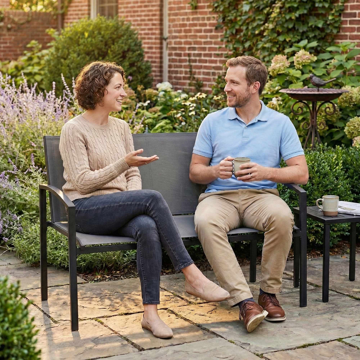 Outdoor Metal Bench, 2-Seater, Breathable Fabric, Grey
