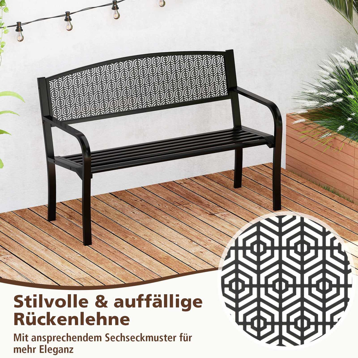 Outdoor Metal Bench, Weatherproof, 2-3 Seats, Black