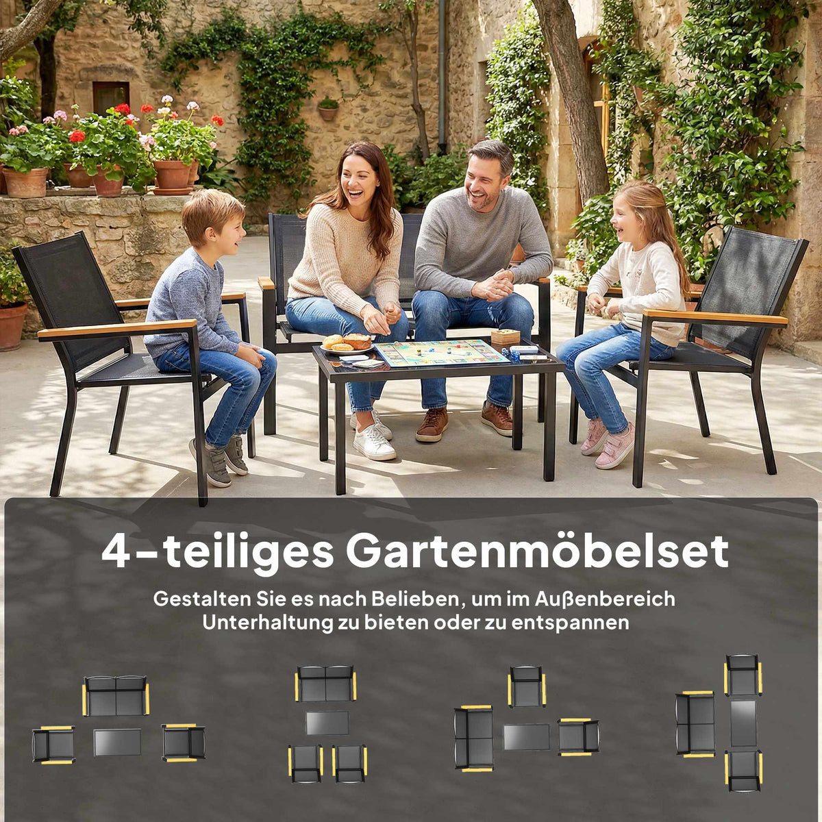 Outdoor Metal Furniture Set for 4 with Sofa, Chairs, Table