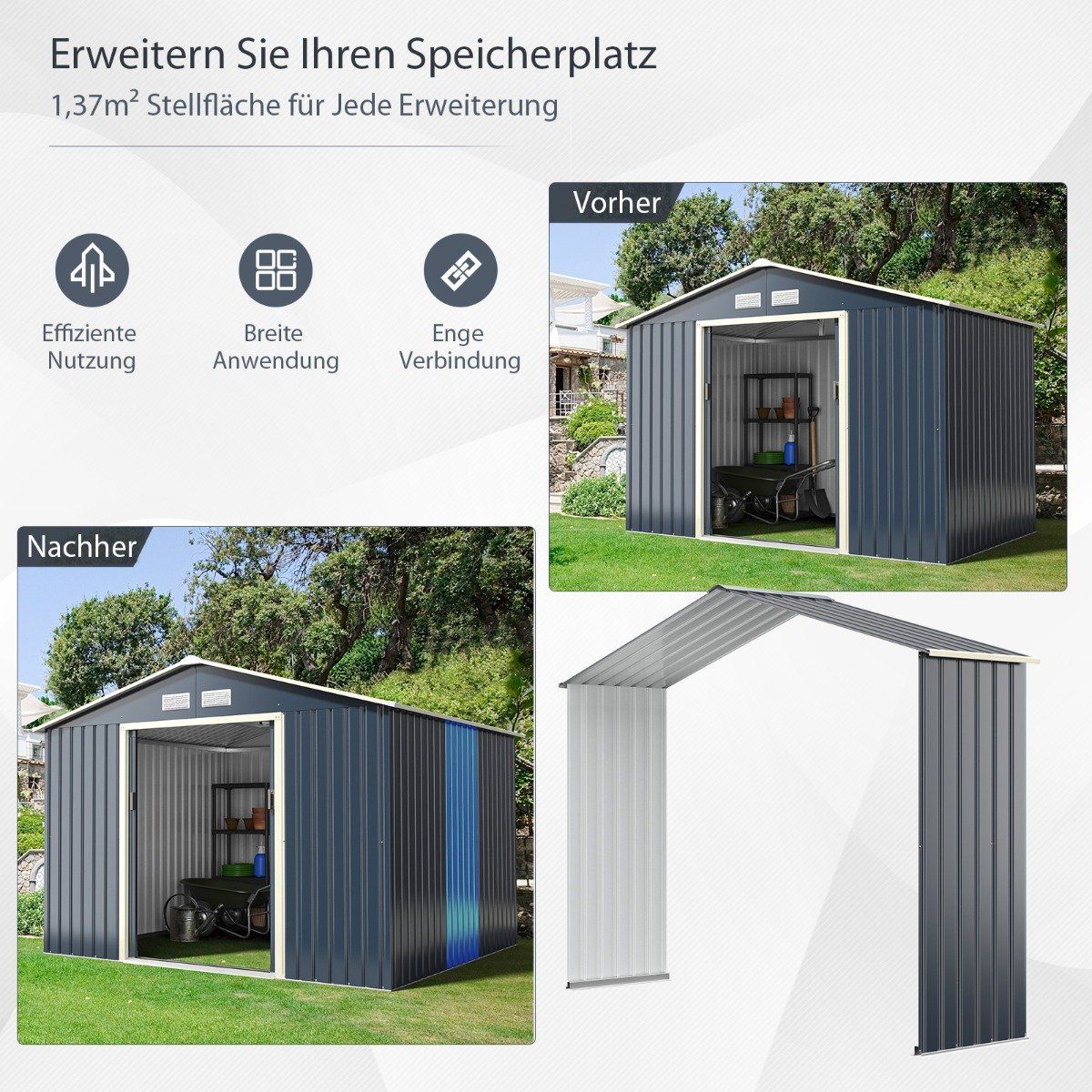 Outdoor Metal Shed Expansion Kit Extended 277 x 202 x 64 cm Gray