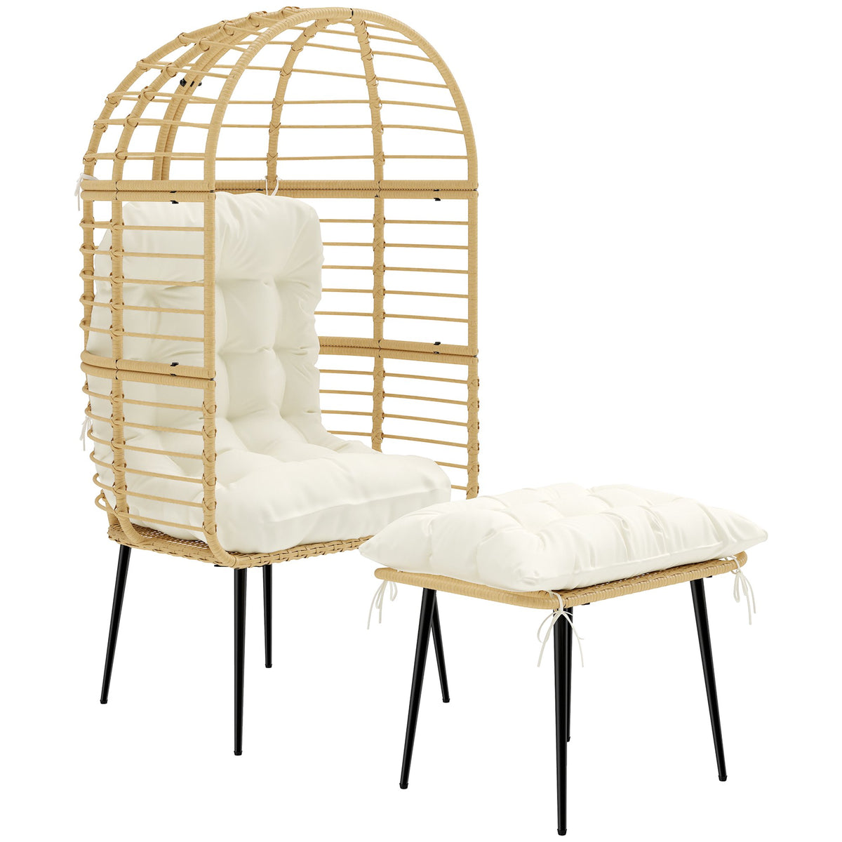 Outdoor PE Rattan Egg Chair With Ottoman, Cushions, Beige
