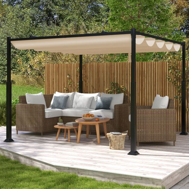 Outdoor Pergola 10x10 Ft, Retractable Canopy, Beige